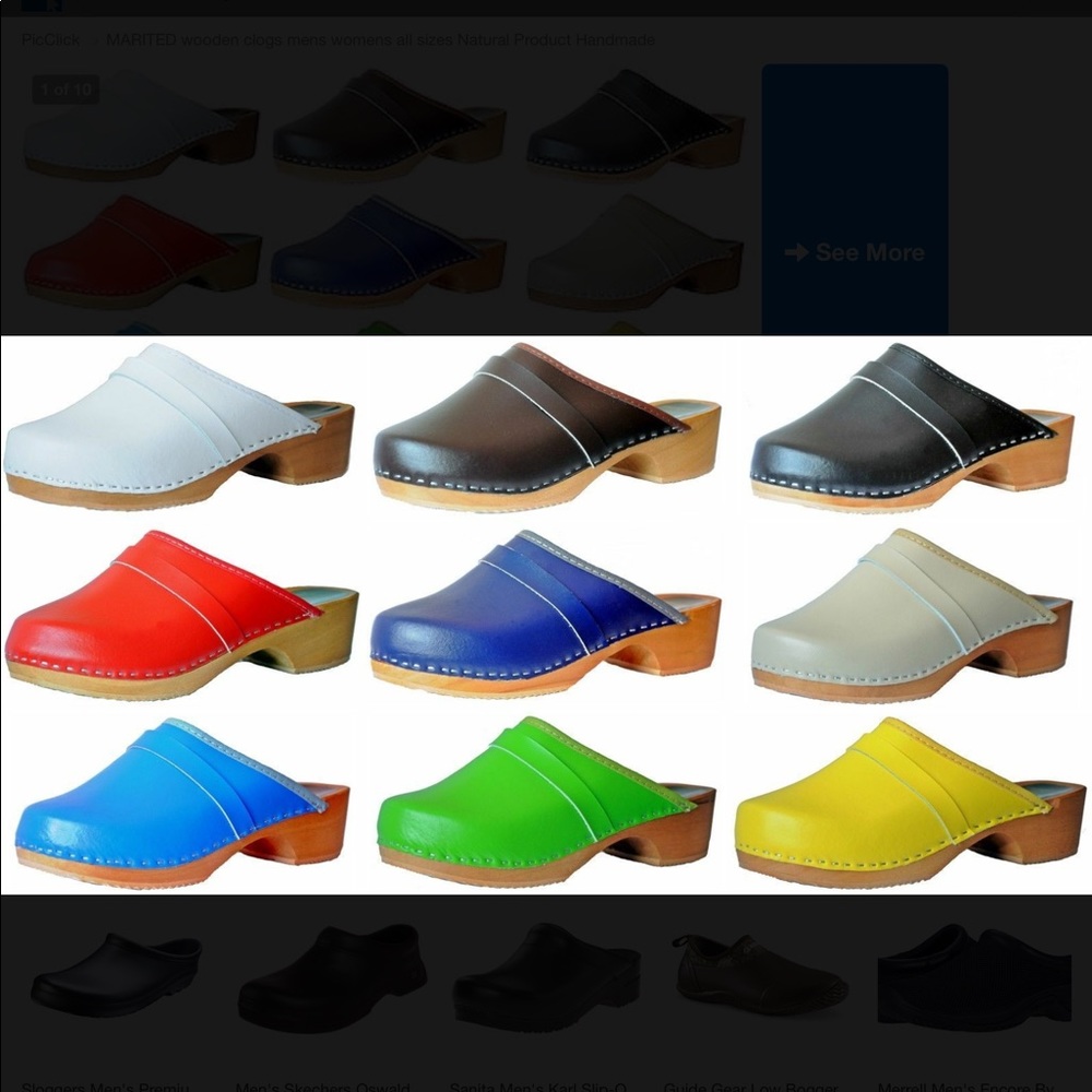 Clogs, black, leather, wood, rubber soles, slip-on